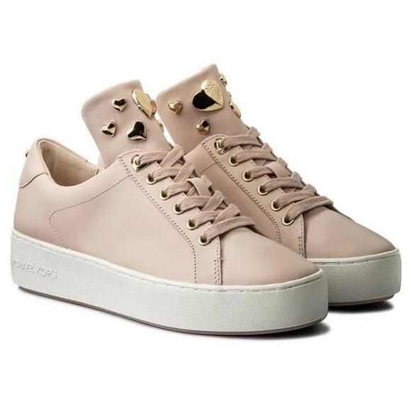 MICHAEL KORS Mindy Leather Sneakers w Applicated Hearts 9 M Light Pink Lace up - Picture 1 of 12